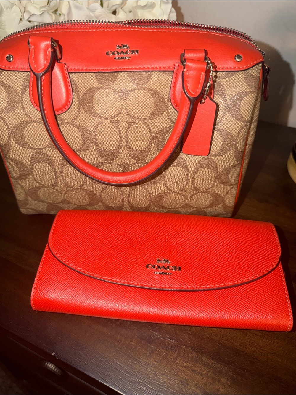 Coach Signature Satchel and Wallet in Red Trim